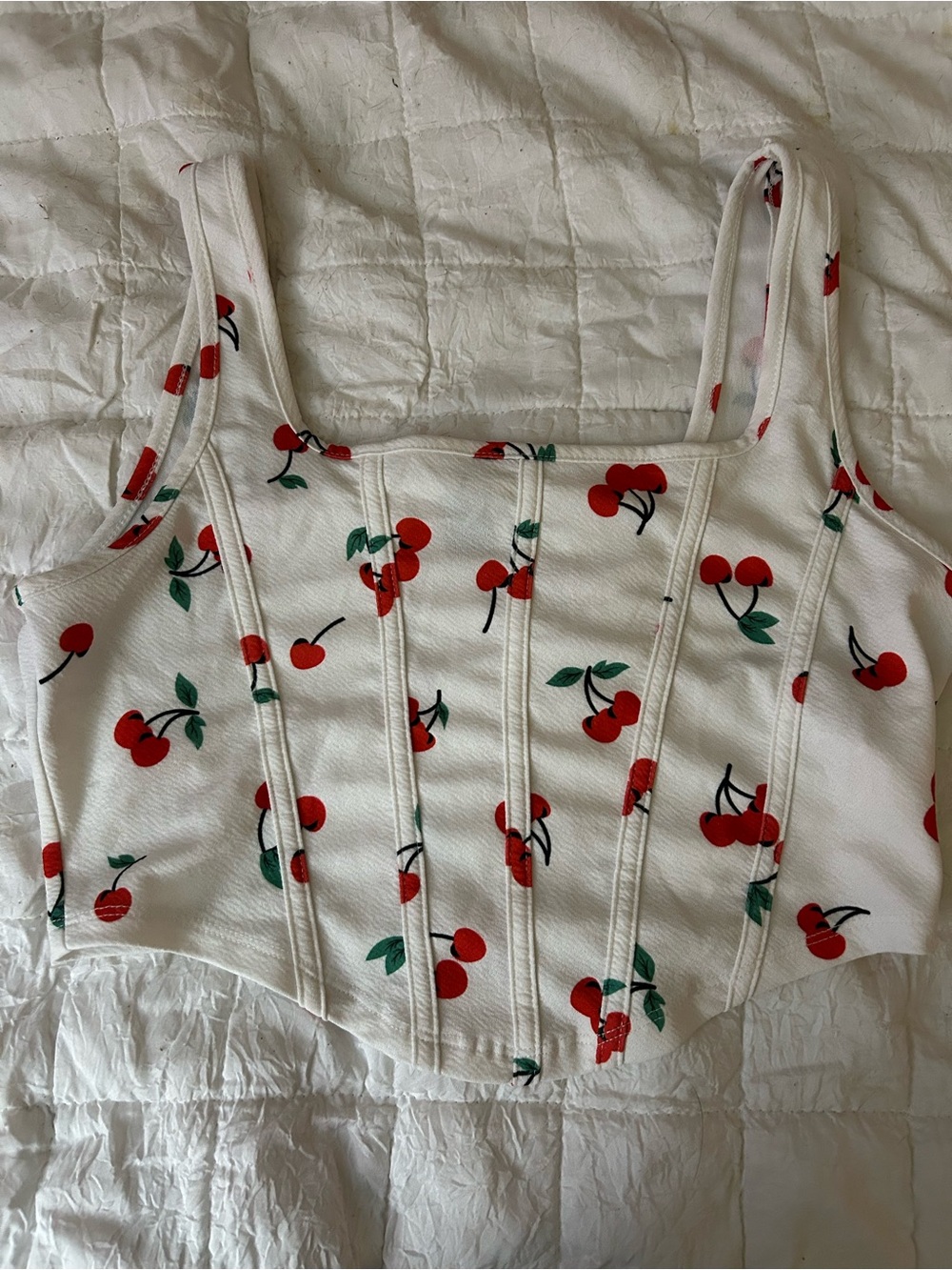 SHEIN White Cherry Print Corset Crop Tank